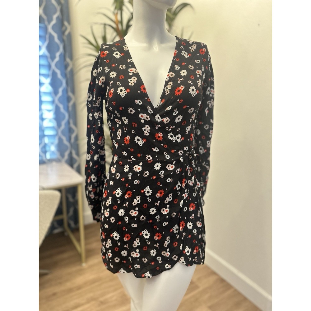 Blue Life Floral Wrap Dress Mini Women Sz S Deep V Neck Stretch Black‎ Tie Waist
